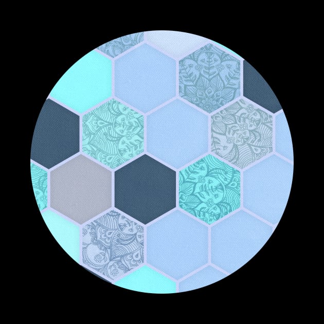 Denim Blue, Aqua & Indigo Hexagon Doodle Pattern by micklyn