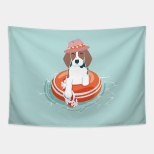 Summer pool pawty // aqua background beagle dog breed in vacation playing on swimming pool Tapestry