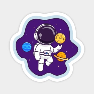 Cute Astronaut Floating In Space With Planet And Moon Cartoon Magnet