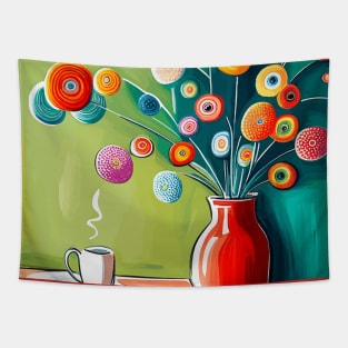 Inquisitive Cute Abstract Flowers in a Red Vase Still Life Painting Tapestry