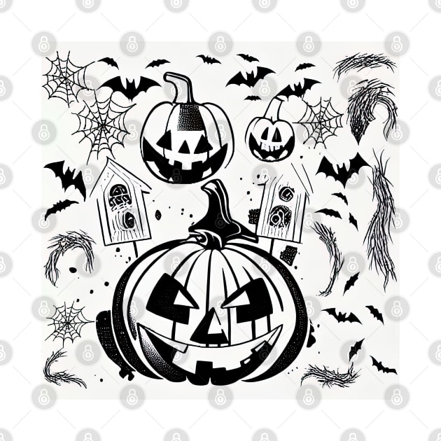 Halloween Scary Evil Pumpkin Funny Pumpkin Head Bats Cobwebs Graphic Halloween Pattern by SubtleSplit