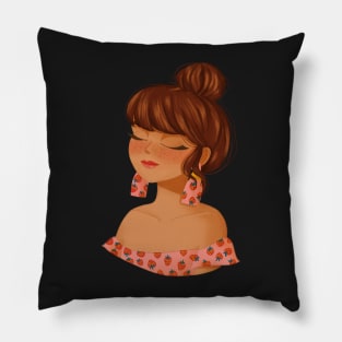 Girl character with a high bun strawberry pattern Pillow
