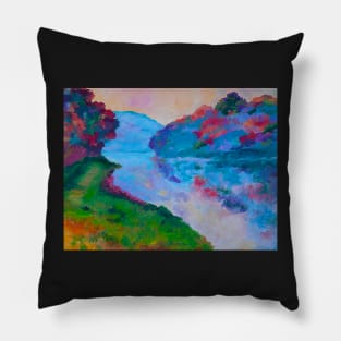 Mountains, Flowering Trees and Reflections in the River Pillow