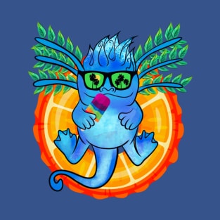 Kawaii Ice Blue Axolotl Jasper Vinyl Die Cut Sticker with Leafy Mane, Rainbow Popsicle, and Palm Tree Reflection T-Shirt