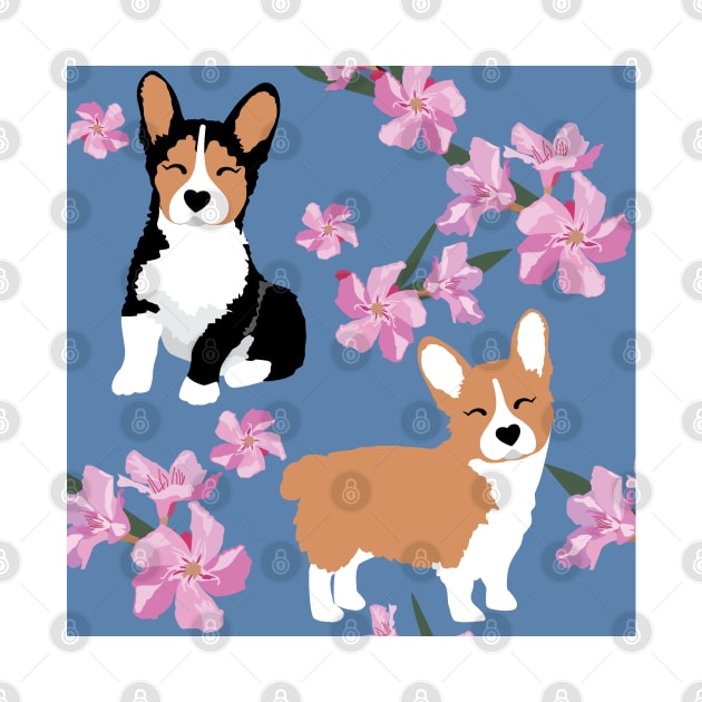 Cute Corgi Dogs and blue denim floral by HotPinkStudio.Me