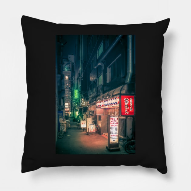 Dark City vibe midnight Green backstreet in Tokyo. Pillow by TokyoLuv