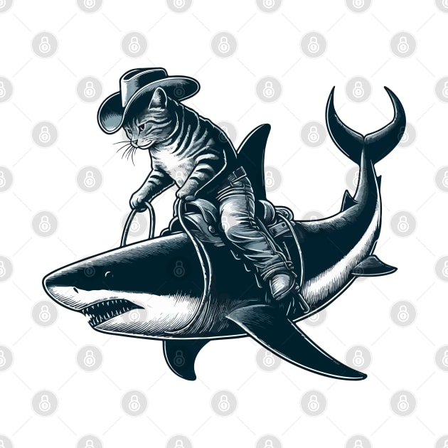Meowdy Texas Cowboy Rodeo Cat Ride On Shark by TomFrontierArt