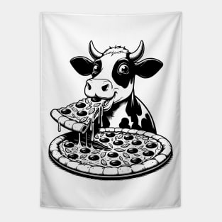 Cow eating Pizza Black & White Tapestry