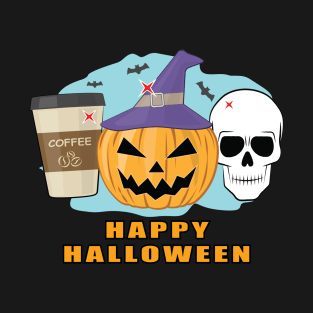 Happy Halloween - Spooky Skull, Pumpkin & Coffee T-Shirt