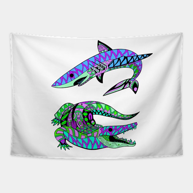 the shark and the reptile in brawl match Tapestry by jorge_lebeau