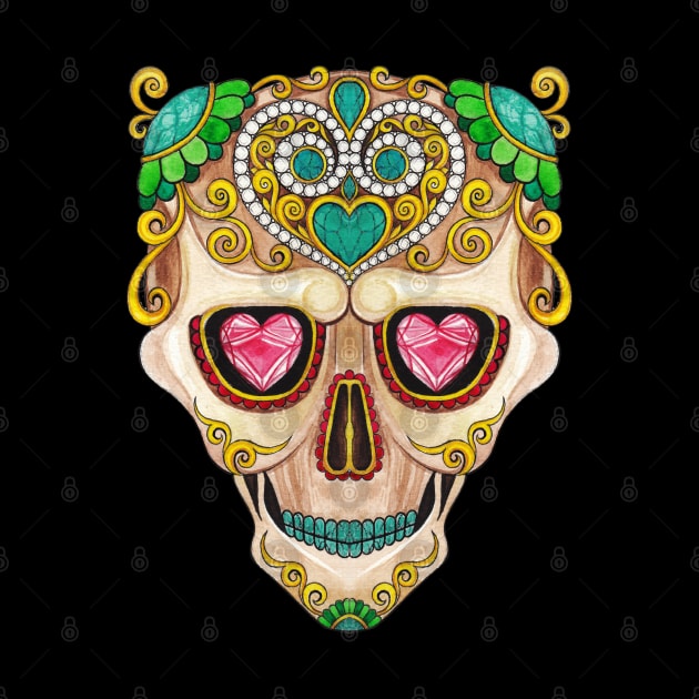 Sugar skull fancy vintage turquoise diamond and gems day of the dead. by Jiewsurreal
