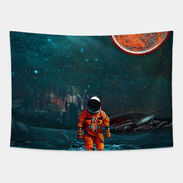 Astronaut Crash Landing on Alien Planet with Orange Moon Tapestry by OrionLodubyal