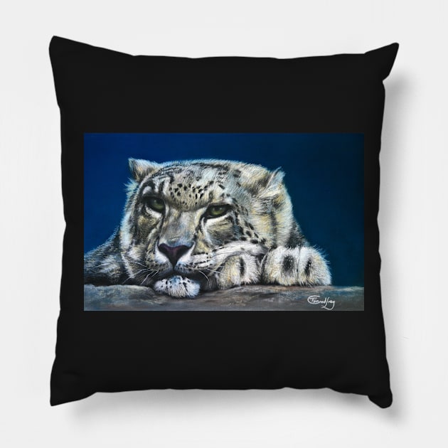 Snow Leopard Feeling Blue Pillow by Lefrog