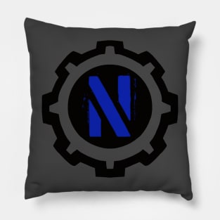 Blue Letter N in a Black Industrial Cog Pillow