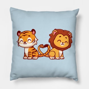 Cute Lion And Tiger Couple With Love Heart Tail Cartoon Pillow