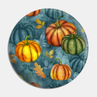 Pumpkins and different fall leaves seamless watercolor pattern. Autumn colorful composition. Thanksgiving textural background Pin