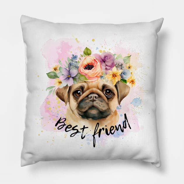 Beautiful, sweet, watercolor,colorful pug best friend Pillow by GerganaR