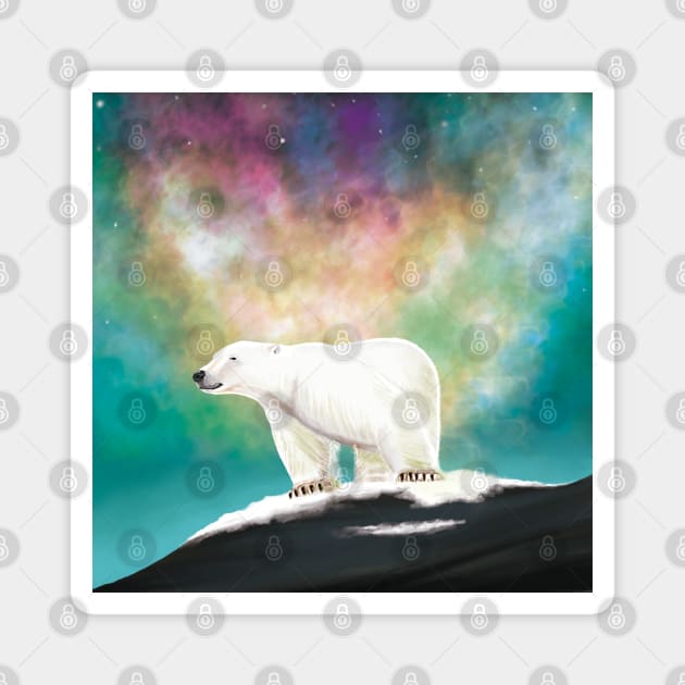 Polar Bear on a Rock in front of Northern Lights Magnet by Brushes with Nature