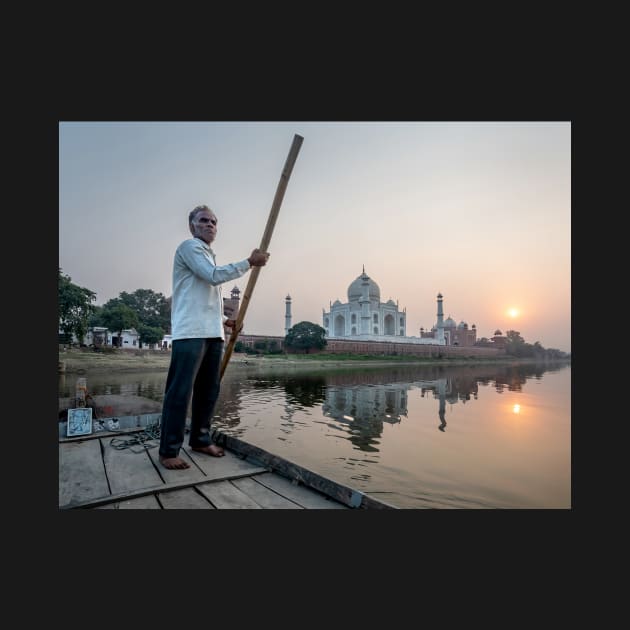 Man Punting Boat on Yamuna River with Taj Mahal by TonyNorth