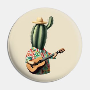 a cactus wearing a hawaiian shirt and playing a ukulele Pin