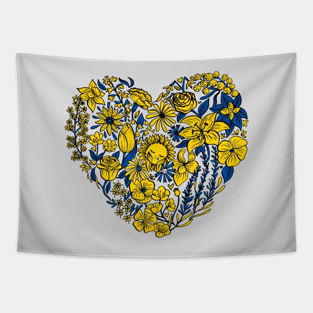 Heart of Flowers for Ukraine (Light Grey Background) Tapestry by illucalliart