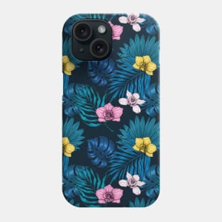 Orchids and palm leaves, pink, yellow and blue Phone Case