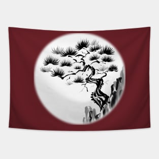 Sumi-E Pine Tree on Cliff (White BG) Tapestry