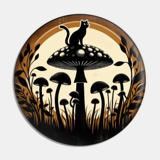 Funny Vintage Black Cat in Mushroom Garden Pin