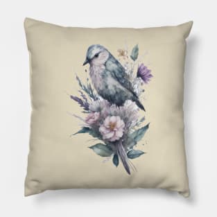 Little Bird around Flowers: Scattered Watercolor in Pastel Colors. Pillow