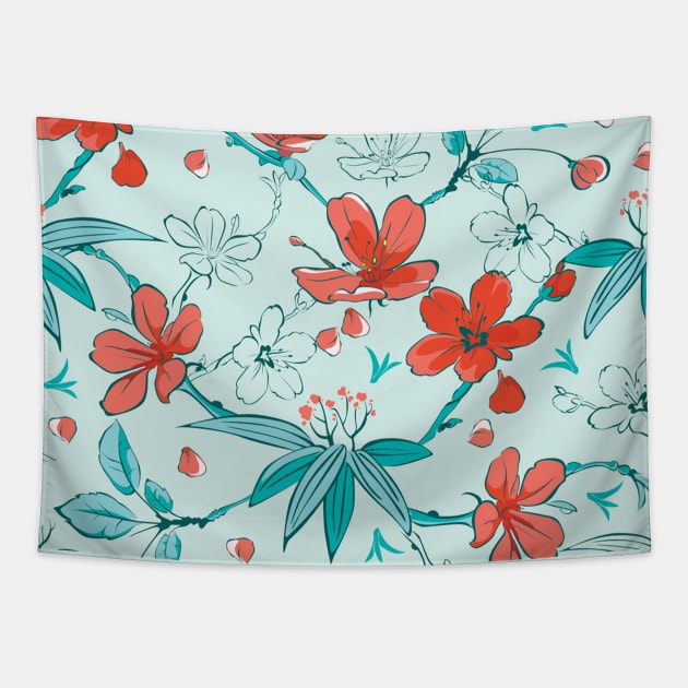 Japanese Cherry Blossom Floral Pattern Botanical Tapestry by Studio Hues