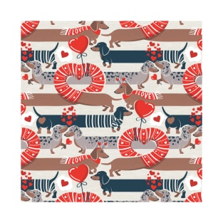 Dachshunds long love // beige background neon red hearts scarves sweaters and other Valentine's Day details brown nile blue and dark grey spotted funny doxies dog puppies T-Shirt