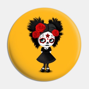 Shy Big Eyes Day of the Dead Girl with Red Roses Pin