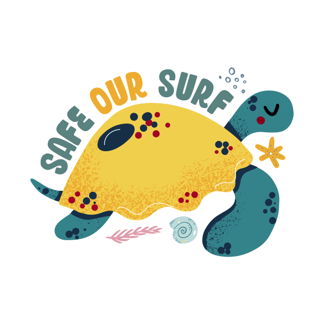 Safe our Surf quote with cute sea animal turtle, starfish, coral and shell by jodotodesign