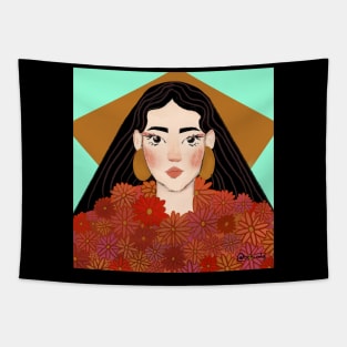 Ilustración de mujer con vestido florar por uchi Tapestry