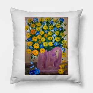 Yellow and blue daisy In a gold and copper jug vase . Pillow