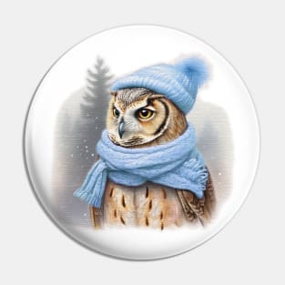 Adorable cute owl wearing a Blue hat and scarf Pin