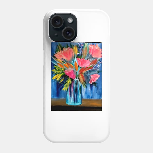 A lovely boutique of abstract vibrant bright colorful  flowers in a tall turquoise glass vase Phone Case by kkartwork