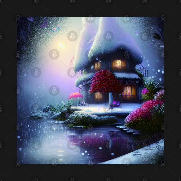 Sparkling Fantasy Cottage with Lights and Glitter Background in Snowy Scene, Scenery Nature by Promen Art