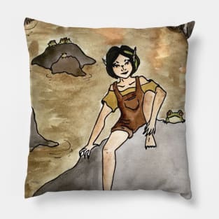 Goblincore Girl: Froggy Sunset Swamp Scene Pillow