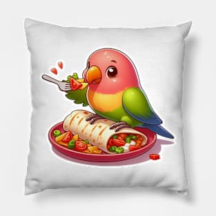 cute love birds are eating Mexican specialties, Tacos, Burritos, Enchiladas, Quesadillas, Guacamole, Fajitas, Chiles Rellenos, Tamales, Mole, Chilaquiles, Pillow