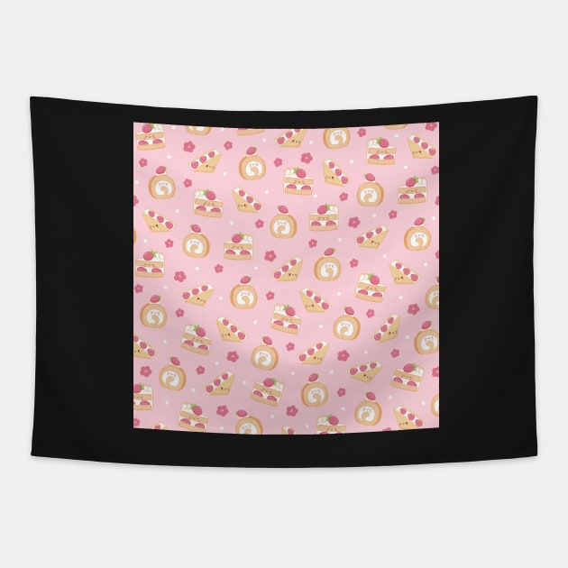 Kawaii Strawberry Cakes Pattern Tapestry by esturgeo