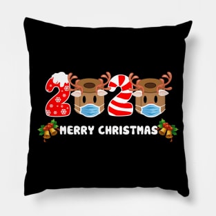 Santa's Reindeer Wearing Facemask Snowflake Candy cane Merry Quarantine Christmas 2020 Pillow