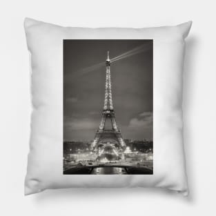 Eiffel Tower Illuminated at Night Black and White Pillow