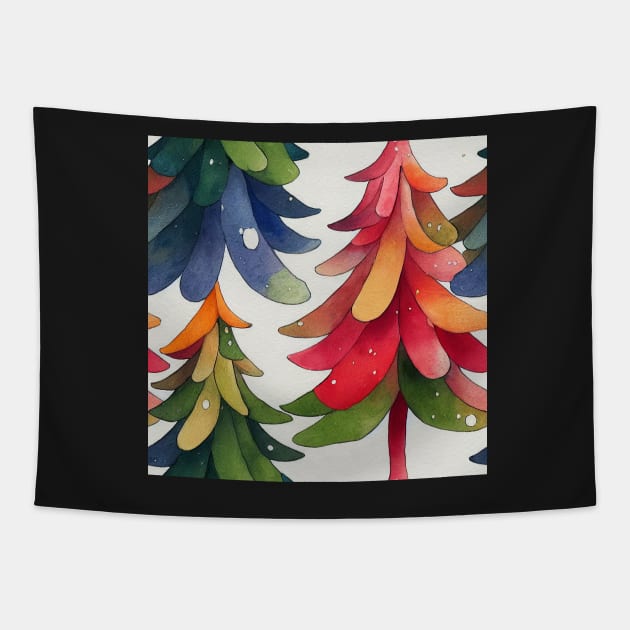 Multi-color Rainbow Watercolor Christmas Trees with Stars and Ball Ornaments Tapestry by VintageFlorals