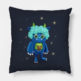 Friendly Blue Monster with Teddy Bear Pillow