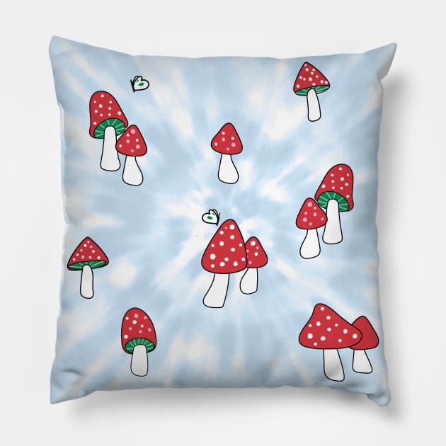 Aesthetic Red Hatted Mushrooms and Butterflies on a Light Blue Pastel Tie Dye Background Pillow by YourGoods