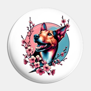 Joyful Jagdterrier Amidst Spring Cherry Blossoms Pin