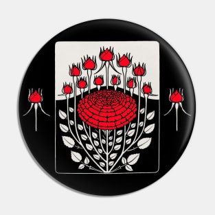 BLACK WHITE RED ROSES AND ROSEBUDS Art Nouveau Floral Pin