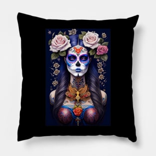 Sugar Skull Art - Woman in Colorful Sugar Skull Makeup Pillow