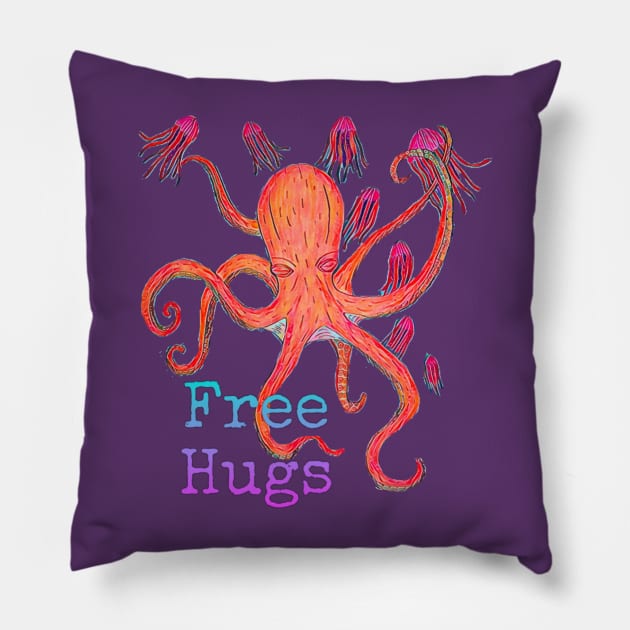 Octopus with Jellyfish, Free Hugs Pillow by LuvbuzzArt